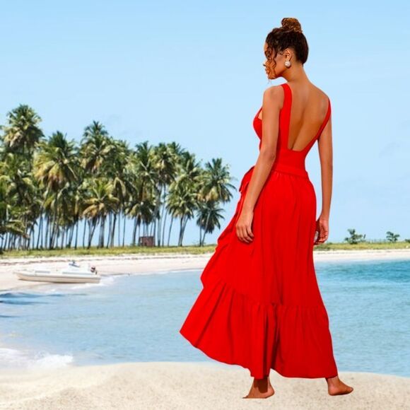 🌹New Elegant Red Plunge One Piece Swimsuit with Floral Detail - Picture 5 of 16